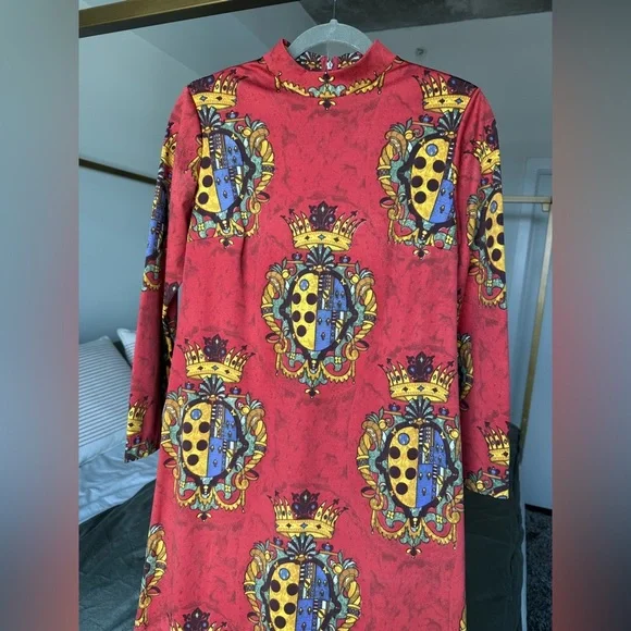 Vintage 90s Red Baroque Crest Maxi Dress Mock Neck Long Sleeve Slit Size S M - Picture 3 of 7